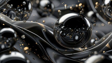 Dynamic fusion of metallic black and grey metaballs, with fine gold accents creating a rich, fluid abstract design. 