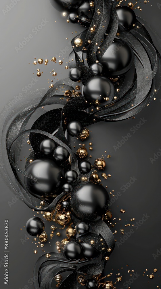 Poster dynamic fusion of vintage black and charcoal grey metallic metaballs, intertwined with shimmering go