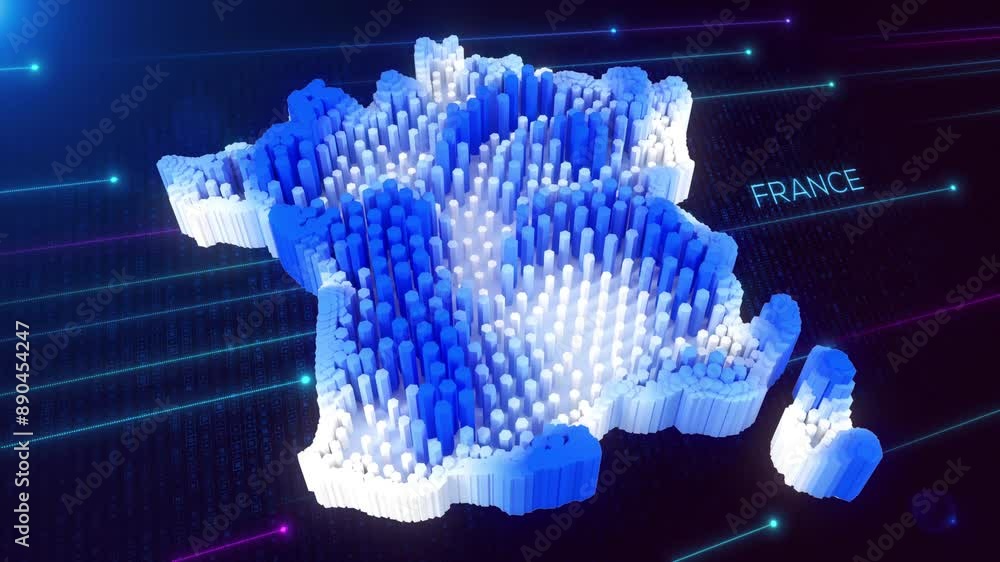 Poster 3d perspective motion view of blue and white dynamic hexagonal prism rippling france map and text wi