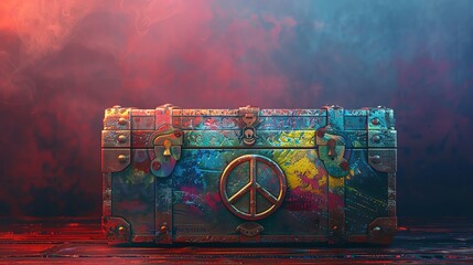 Treasure chest adorned with a peace sign motif, providing a whimsical and adventurous backdrop with clear space for text insertion, ideal for treasurethemed peace day scenes