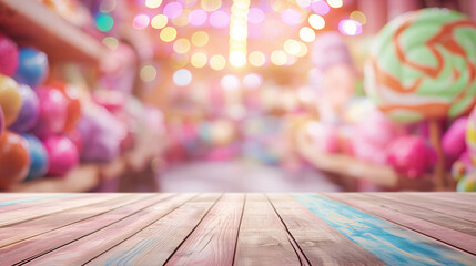 close up of rustic empty wooden table with blurred candy land background