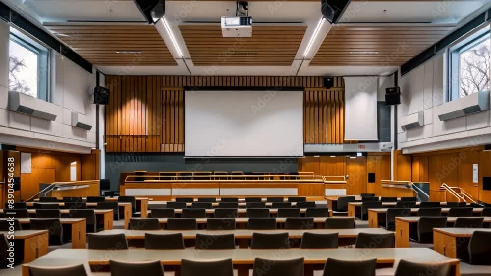 Poster an empty lecture hall with rows of seats and a large projector screen at the front of the room.
