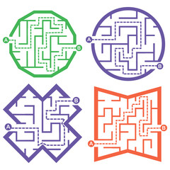 Set of simple labyrinths, mazes conundrums for kids. Baby puzzles with entry and exit. Children riddle games.
