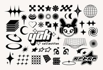 Set of retro futuristic Y2k elements for design. Trendy collection of simple shapes forms, symbols and characters. Isolated easy to edit.