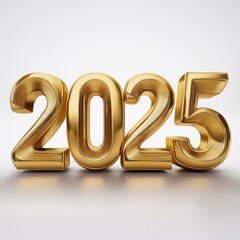 2025, Neujahrsgrüße, glänzende 3D-goldene Metallzahlen auf weißem Hintergrund stehend.