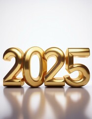 2025, Neujahrsgrüße, glänzende 3D-goldene Metallzahlen auf weißem Hintergrund stehend.