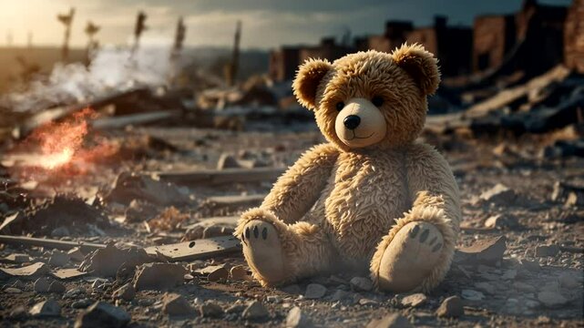 Teddy bear in an abandoned building. Destruction after the fighting.