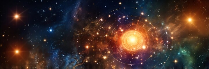 Obraz premium Golden planet surrounded by zodiac signs and glowing stars in a dark space. Suitable for astrology, celestial themes, and astronomy projects.