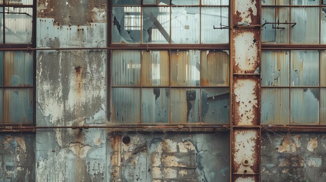 Abandoned factory with rustic metal textures and broken windows