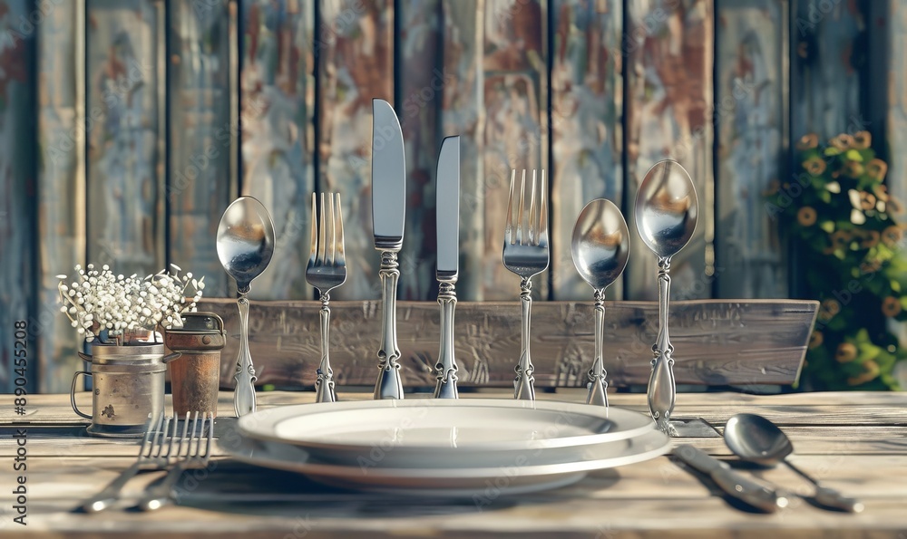 Poster elegant silverware set arranged on a rustic dining table