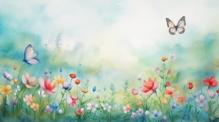 Spring watercolor landscape with butterflies over flowers. Wall art wallpaper