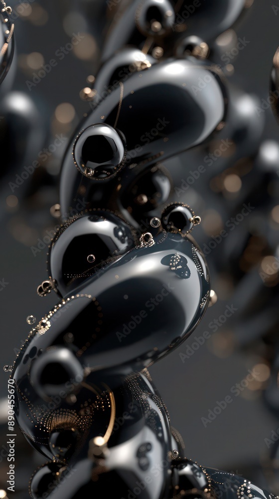 Poster elegant intertwining of metallic black and dark grey metaballs, highlighted by delicate golden edges