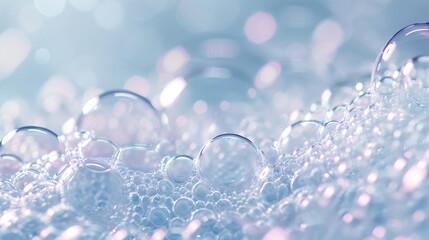 Soap bubbles, close-up shot against a background of soft light. The bubbles shimmer and sparkle, creating a beautiful and airy look. Light and pastel colors emphasize their tenderness and lightness.