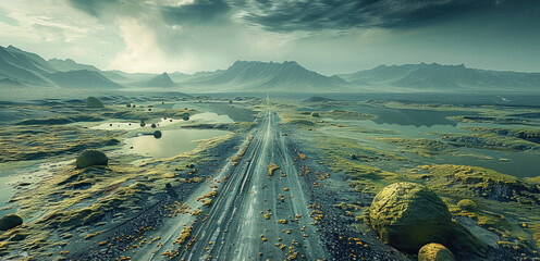 In the center is a road stretching into the distance lunar surface, rocky ground, lots of green algae, green algae outbreaks, ground and lake water. Generative AI.