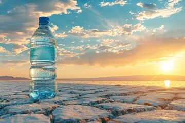 Sunset Beach with Floating Plastic Water Bottle