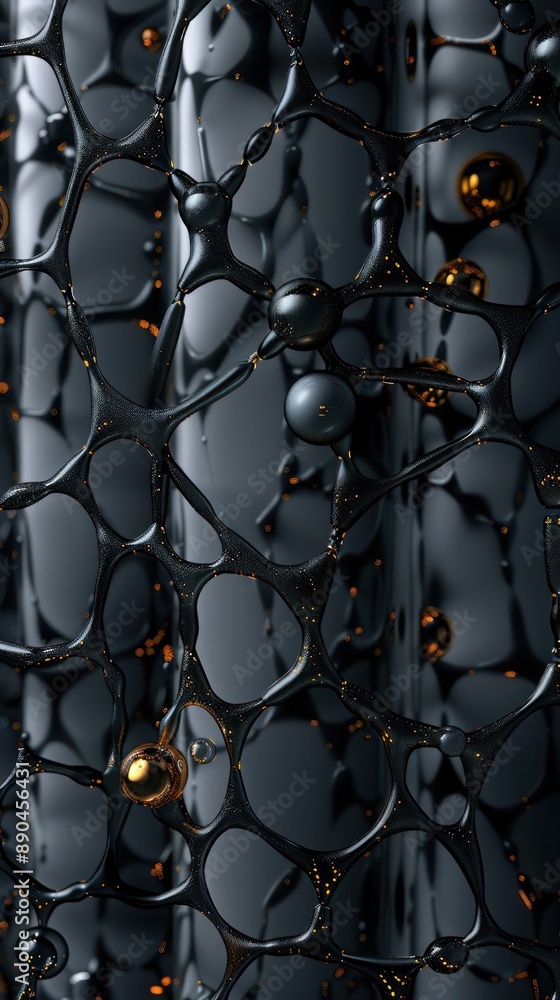 Poster elegant network of metallic black and charcoal grey blobs, each accented with radiant gold, seamless