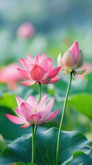 Fototapeta premium Pink Lotus Flowers Blooming in Nature Three pink lotus flowers in various stages of bloom, set against a soft-focus background of green leaves and water.