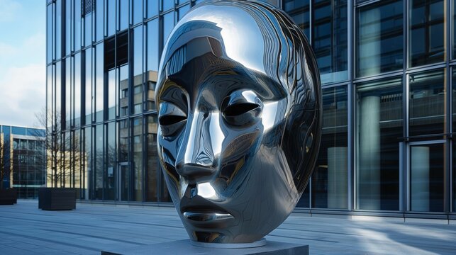 AI generated illustration of a modern abstract sculpture of a face in front of a building - Powered by Adobe