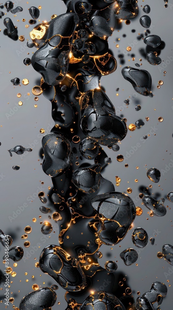 Poster elegant network of metallic black and charcoal grey blobs, each accented with radiant gold, seamless