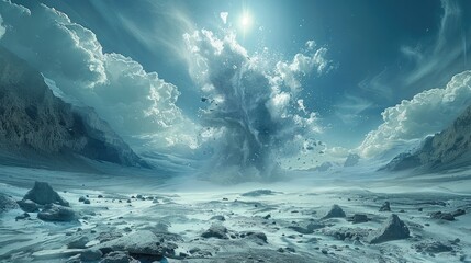 Fototapeta premium The aftermath of a trans dimensional detonation of earth elemental magic on a rocky highland landscape. Generative AI.