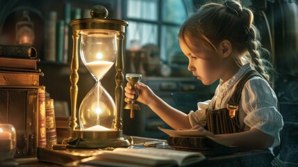 A child holding a large hourglass, curiosity and learning about time passing