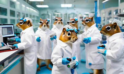 Scientist Squirrel Lab: Squirrels with lab coats and goggles, conducting experiments in a high-tech laboratory, science magazine, innovative and adorable.