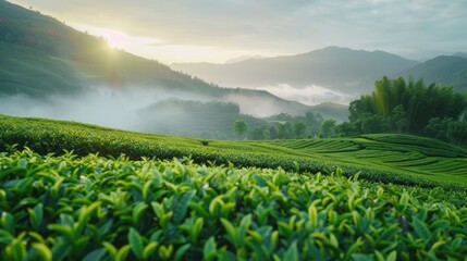 Fototapeta premium green fresh organic agriculture plantation tea garden field on hill with complex mountains farm in the morning sunrise.