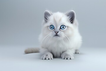 Adorable fluffy white kitten with striking blue eyes sitting against a soft gray background.