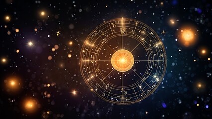 Golden planet surrounded by zodiac signs and glowing stars in a dark space. Suitable for astrology, celestial themes, and astronomy projects.