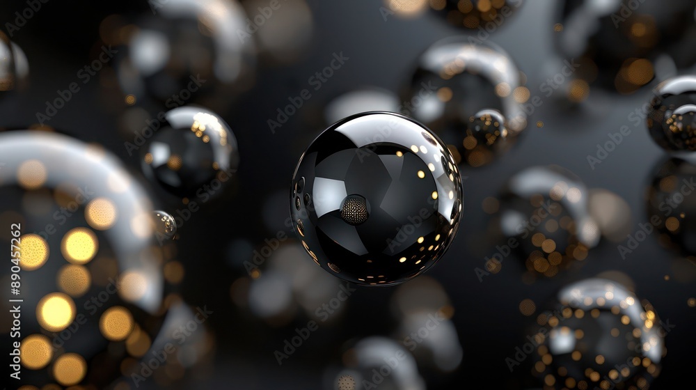 Poster floating metallic metaballs in deep charcoal grey and glossy black, highlighted with intricate gold 