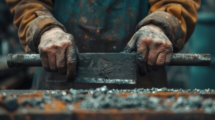 A blacksmith's hands, covered in grime, hold a metal blade while sharpening it on a sharpening stone