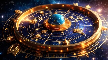 Golden celestial chart featuring planets and stars on a vibrant blue background, perfect for astronomy websites, educational materials, or posters.