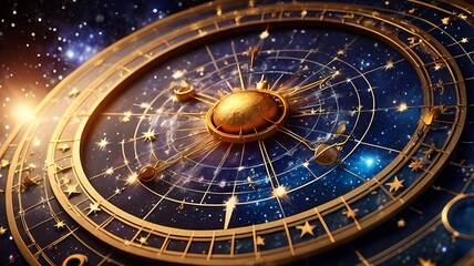 Obraz premium Ornate gold clock face with constellations, celestial bodies, and deep blue background, perfect for luxury and celestialthemed designs.