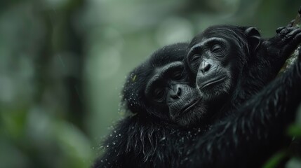 Naklejka premium Two chimpanzees share a tender embrace, nestled within a lush green environment, highlighting the powerful bond and emotional connections prevalent in the animal kingdom.