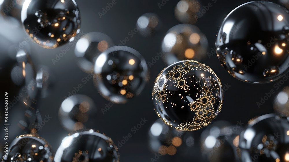 Poster floating metallic metaballs in deep charcoal grey and glossy black, highlighted with intricate gold 