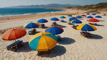 Empty beaches with waves and colorful umbrellas