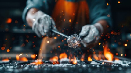 A craftsman is meticulously shaping glass in a fiery forge setting, with sparks flying around, showcasing the dedication and precision required in glassblowing.