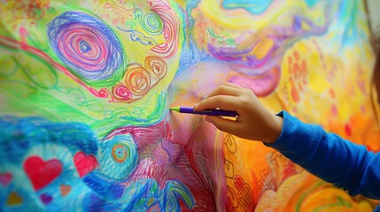A child's hand coloring a large mural with crayons, depicting a vibrant and imaginative scene