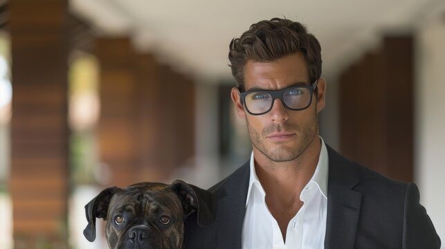 Confident man in a suit with glasses, holding a boxer dog, standing in a modern architectural setting.
