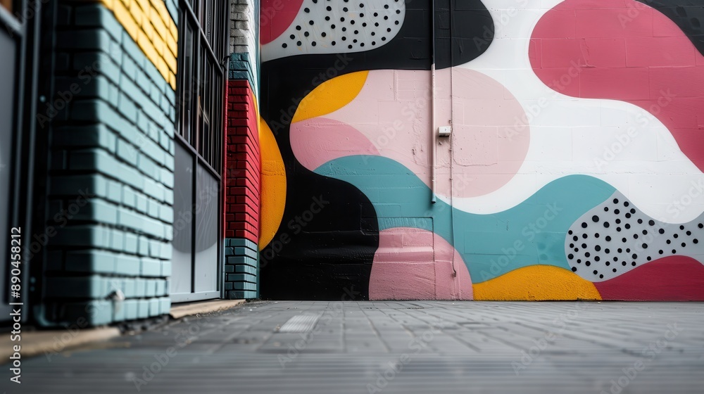 Aufkleber a vibrant abstract mural featuring a blend of geometric shapes and patterns decorates the side of a 