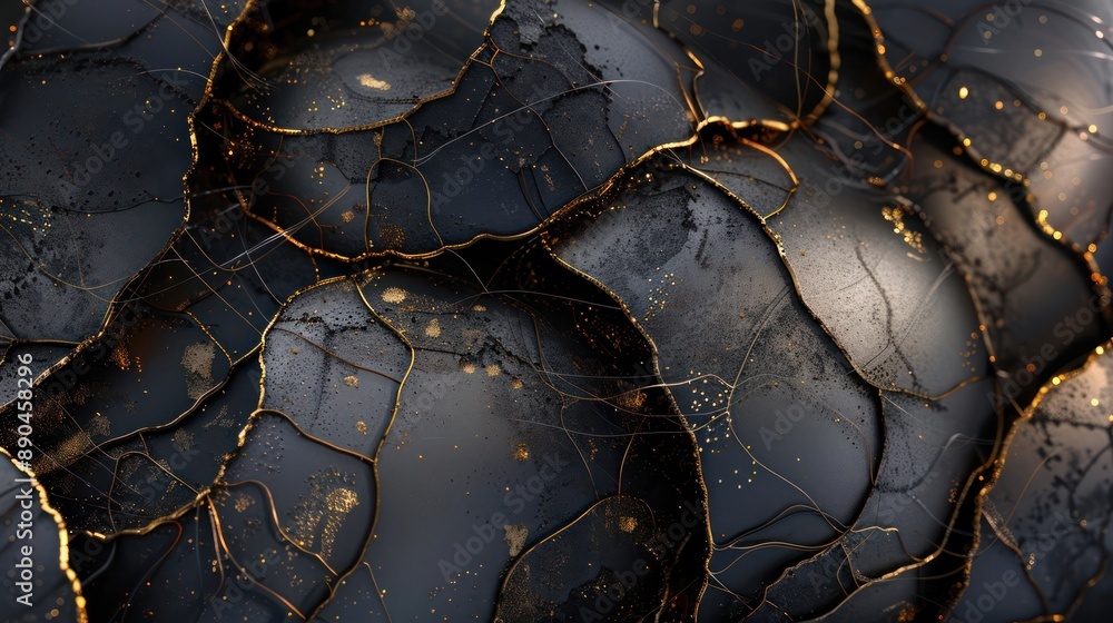 Poster interconnected metallic blobs in shades of vintage black and charcoal grey, enhanced with delicate g