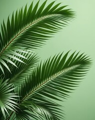 Naklejka premium A minimalist design featuring palm leaves on a soft green background, evoking a serene tropical ambiance.
