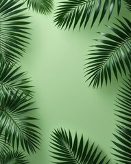 A minimalist design featuring palm leaves on a soft green background, evoking a serene tropical ambiance.