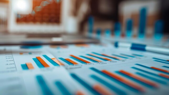 A close-up of a business report with detailed bar graphs and statistical data