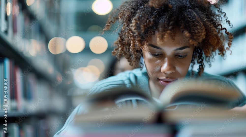 Poster a focused person is reading a book in a library setting, highlighting their concentration and dedica