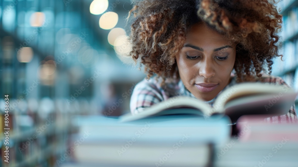 Poster a young person is deeply engrossed in reading a book at the library, demonstrating dedication to lea