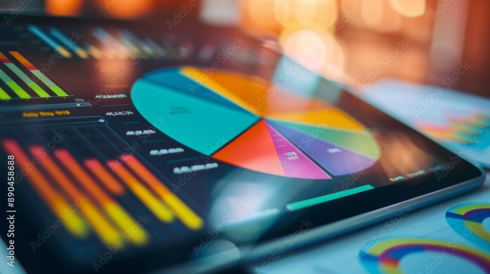 Poster A close-up of a digital tablet showing a pie chart and bar graph, illustrating business performance metrics