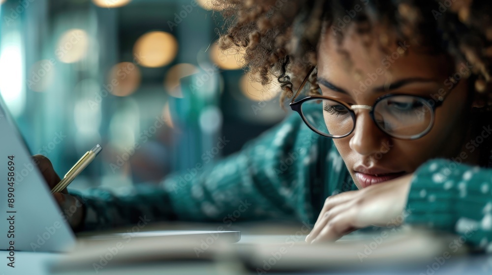 Poster focused student with glasses studying hard, taking notes beside a laptop in a library setting, repre