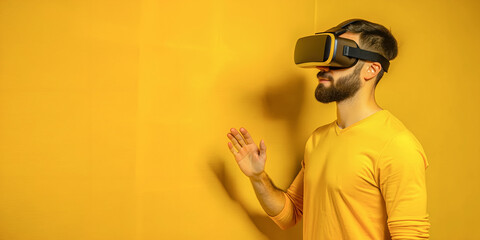 Man Wearing Virtual Reality Headset on the Yellow Background - Generative AI
