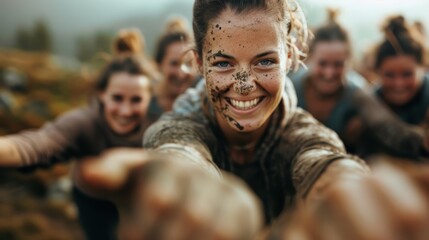 Fototapeta premium A group of friends with muddy faces enjoying outdoor activities, smiling and showcasing their adventurous spirit, camaraderie, and the joys of outdoor bonding.